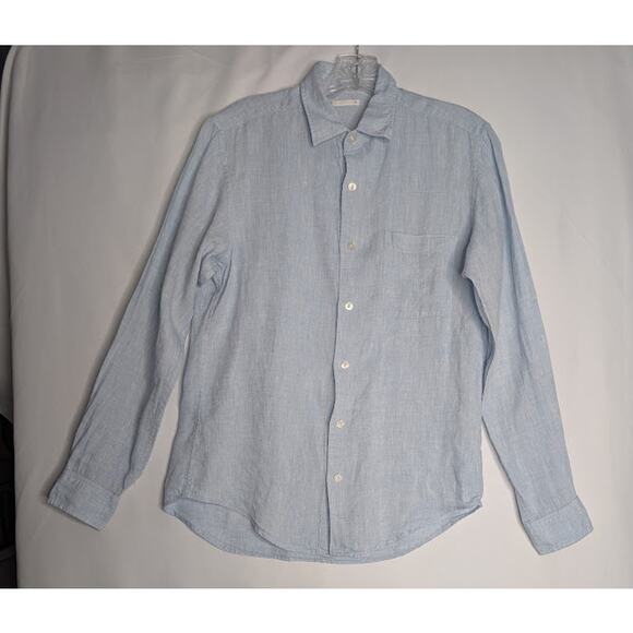 GU Mens natural 100% Flax Button up long sleeve light blue shirt size small - Picture 1 of 6